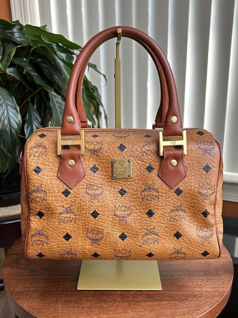 MCM Visetos Monogram Boston Bag, Cognac Tan